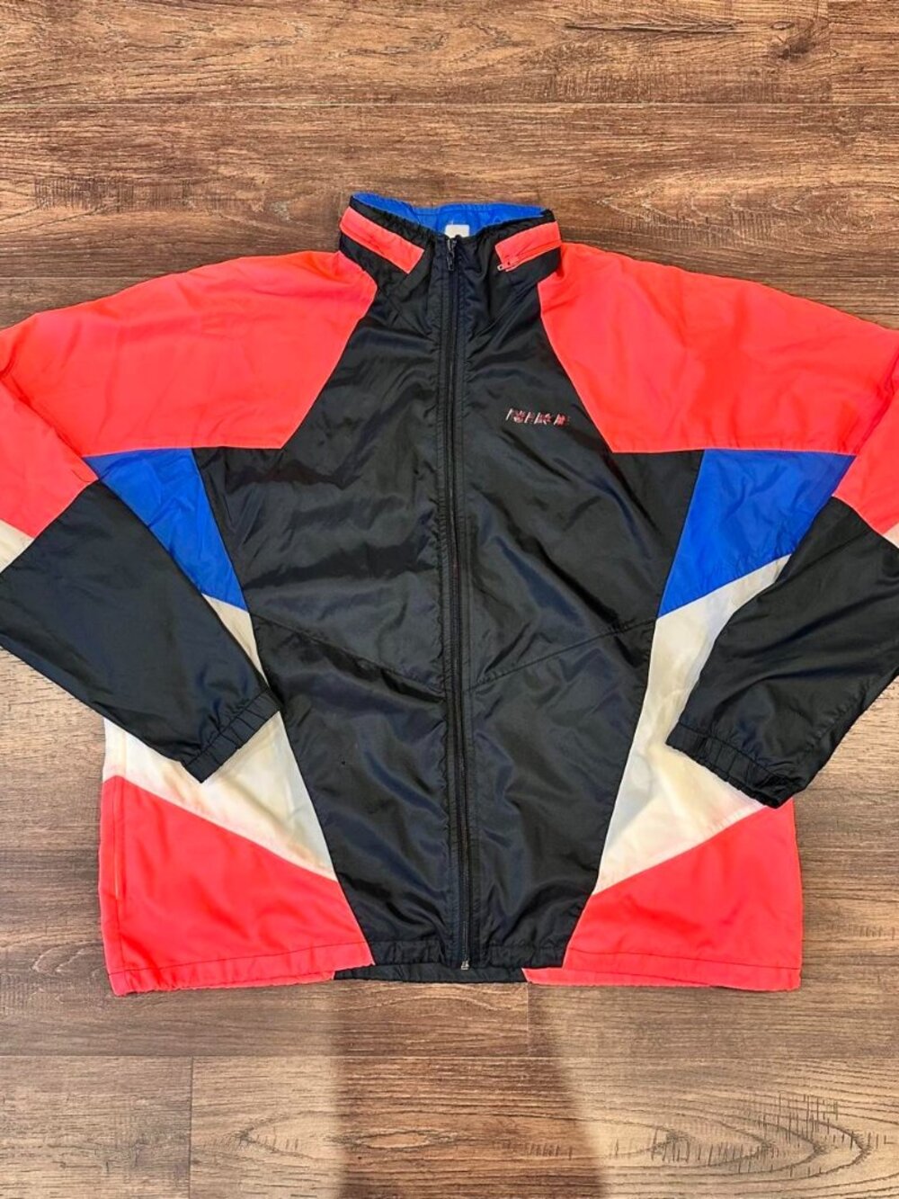 Vintage 1980s Nike Neon Colorblock Windbreaker Jacket Black Red Blue XL